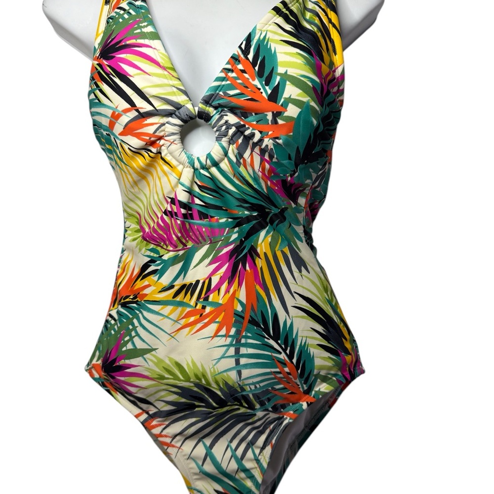 Tropical Print One-Piece Swimsuit keyhole front design